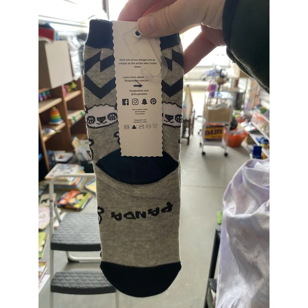 RARE Bokkie Youth Panda Bear Crew Socks Gray Black Chevron Limited Edition NWT